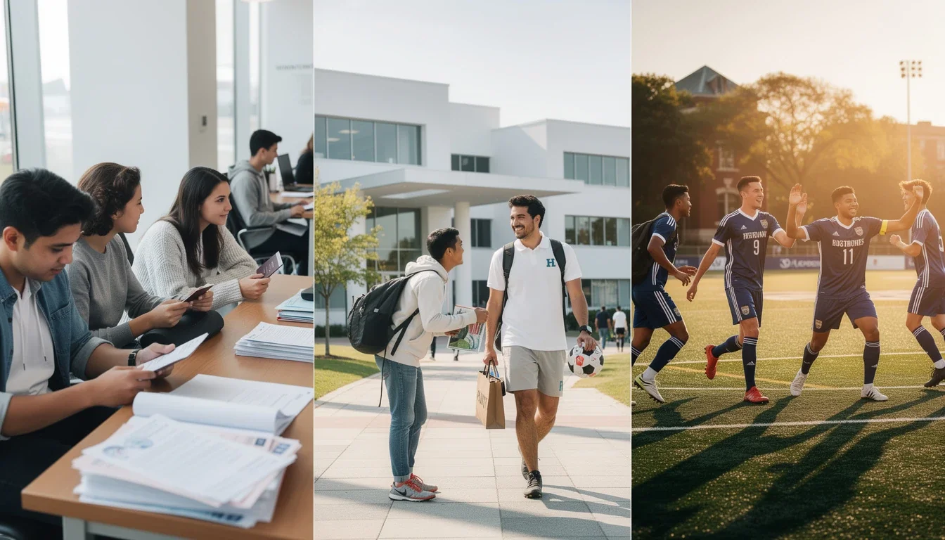 An illustrated diagram showing the key benefits of visa challenges for international college soccer students strategies