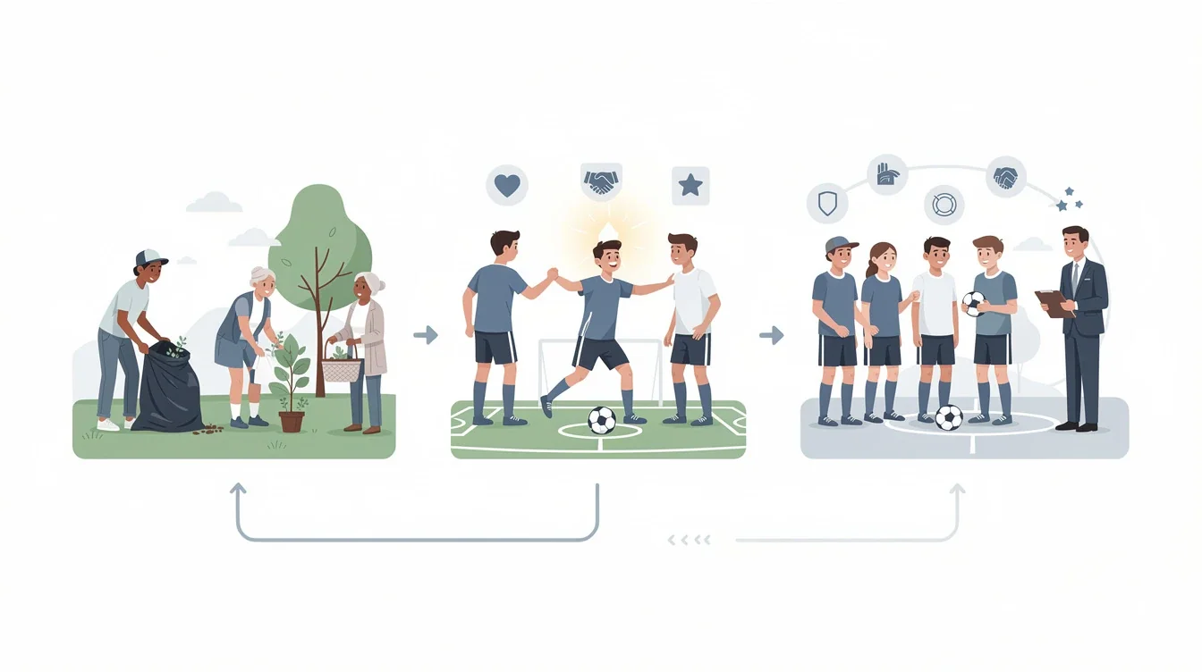 A step-by-step visual process guide demonstrating how community service impact on soccer recruiting works