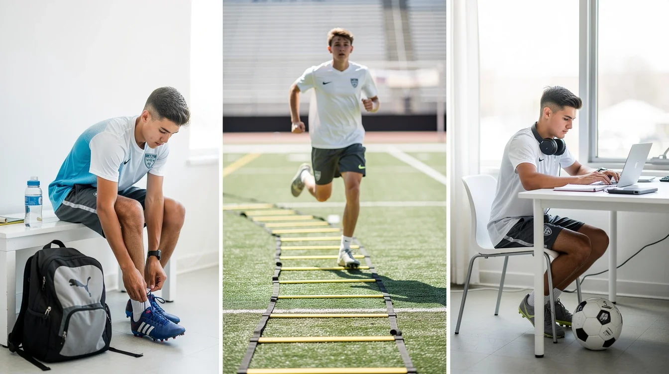 An illustrated diagram showing the key benefits of freshman year habits for college soccer recruiting strategies