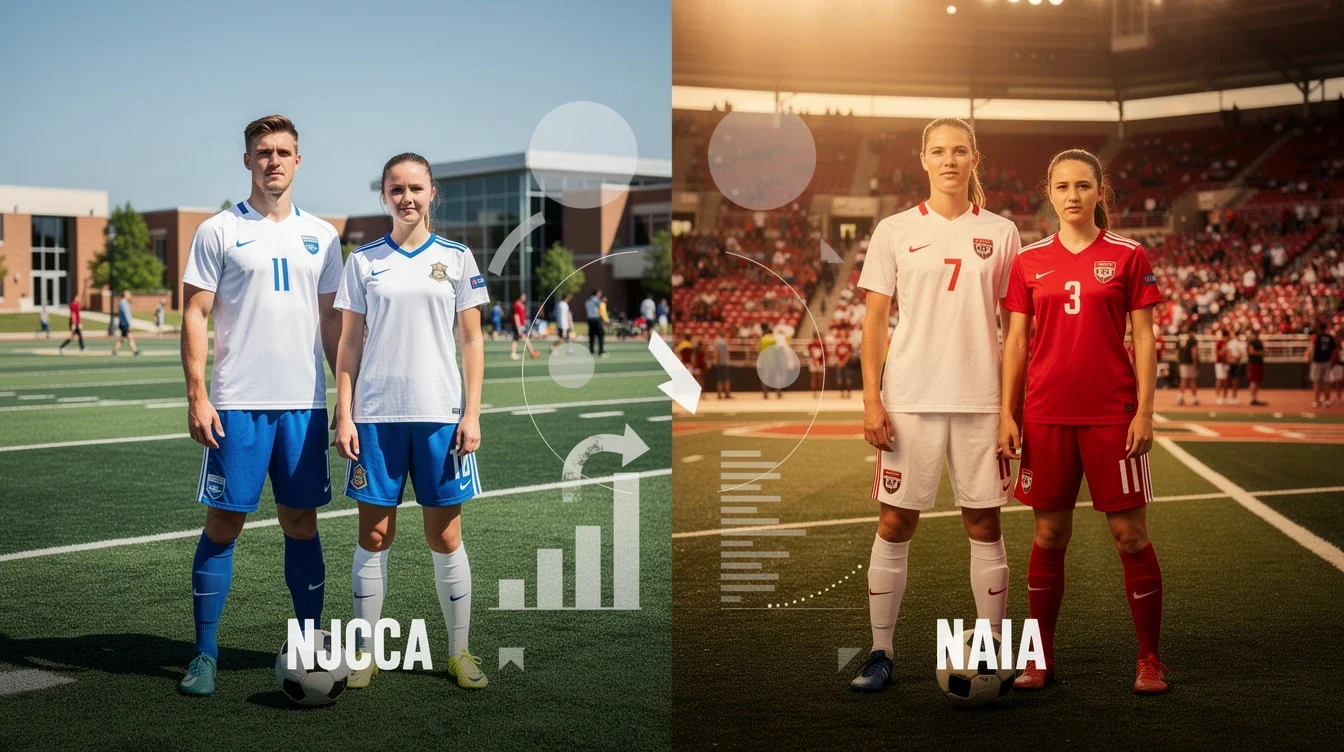 An illustrated diagram showing the key benefits of njcaa vs naia soccer college fit comparison strategies