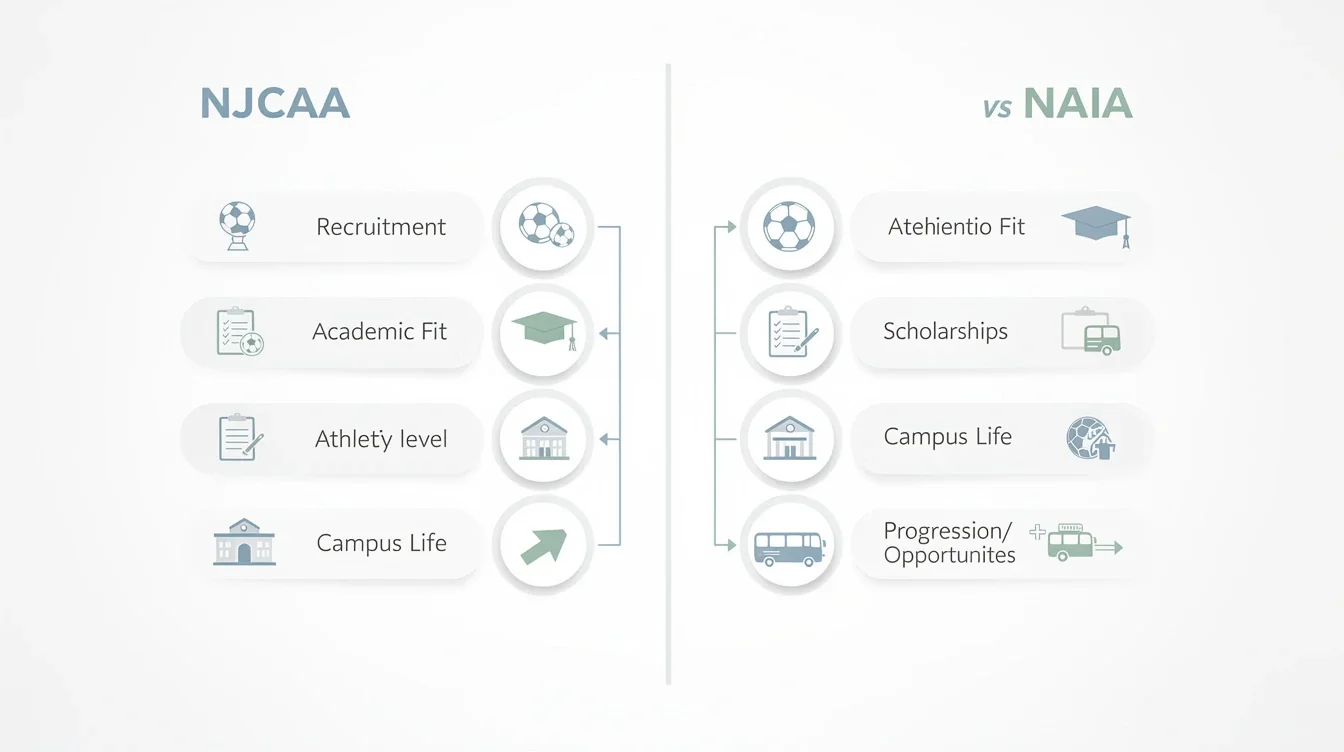 A step-by-step visual process guide demonstrating how njcaa vs naia soccer college fit comparison works