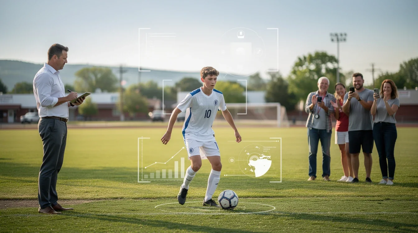 An illustrated diagram showing the key benefits of small-town soccer player recruiting visibility strategies