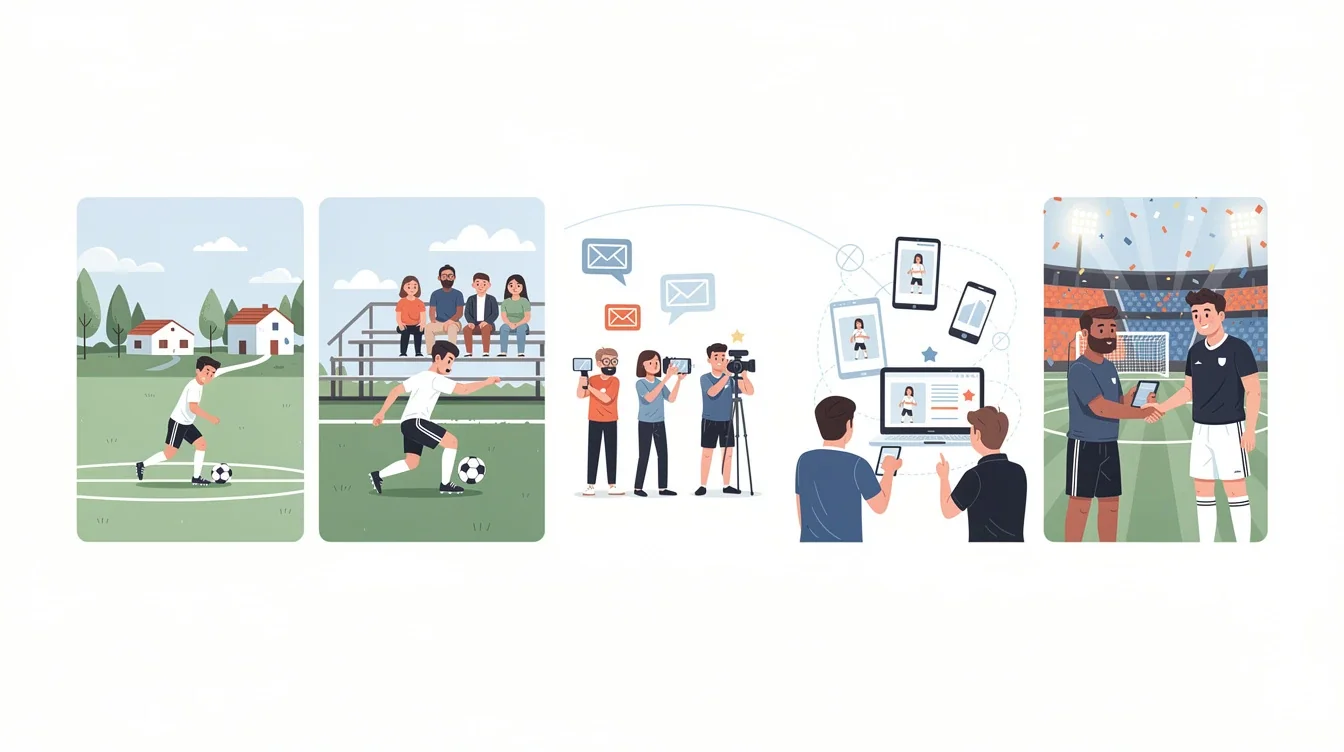 A step-by-step visual process guide demonstrating how small-town soccer player recruiting visibility works