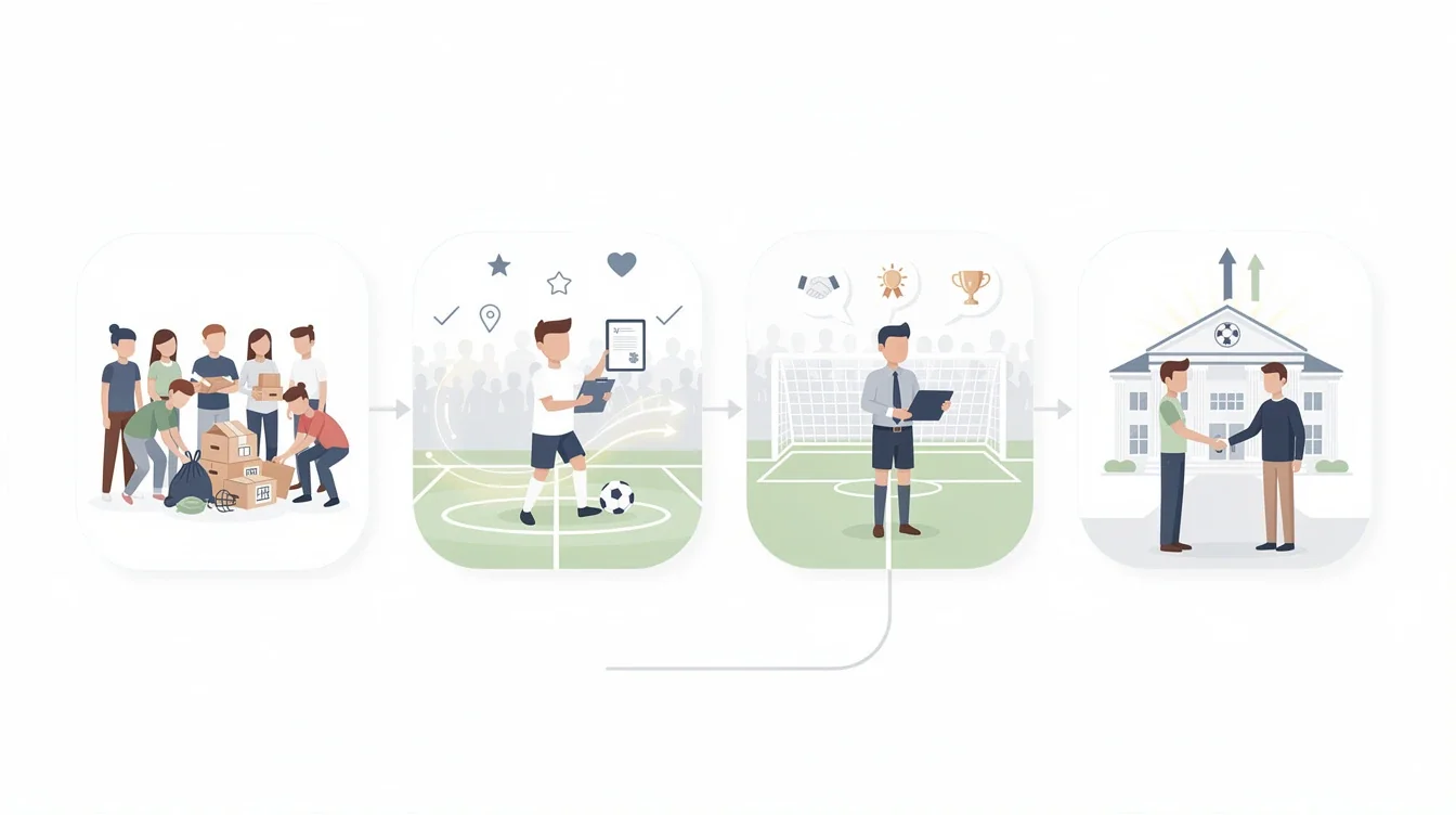 A step-by-step visual process guide demonstrating how volunteering impact on college soccer recruiting works