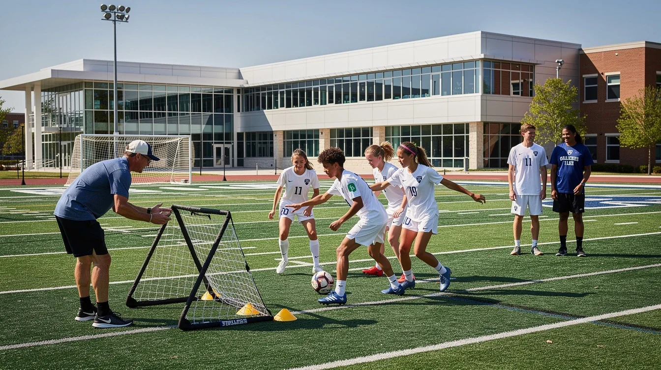 An illustrated diagram showing the key benefits of advantages of small college soccer camps for recruits strategies