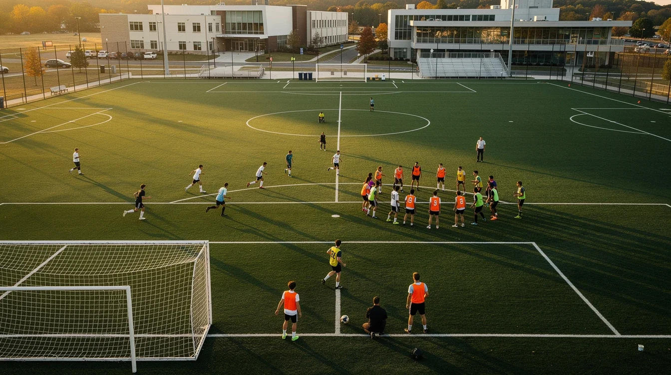 A professional team working on transfer portal insights for high school soccer players 2026 solutions in a modern office environment