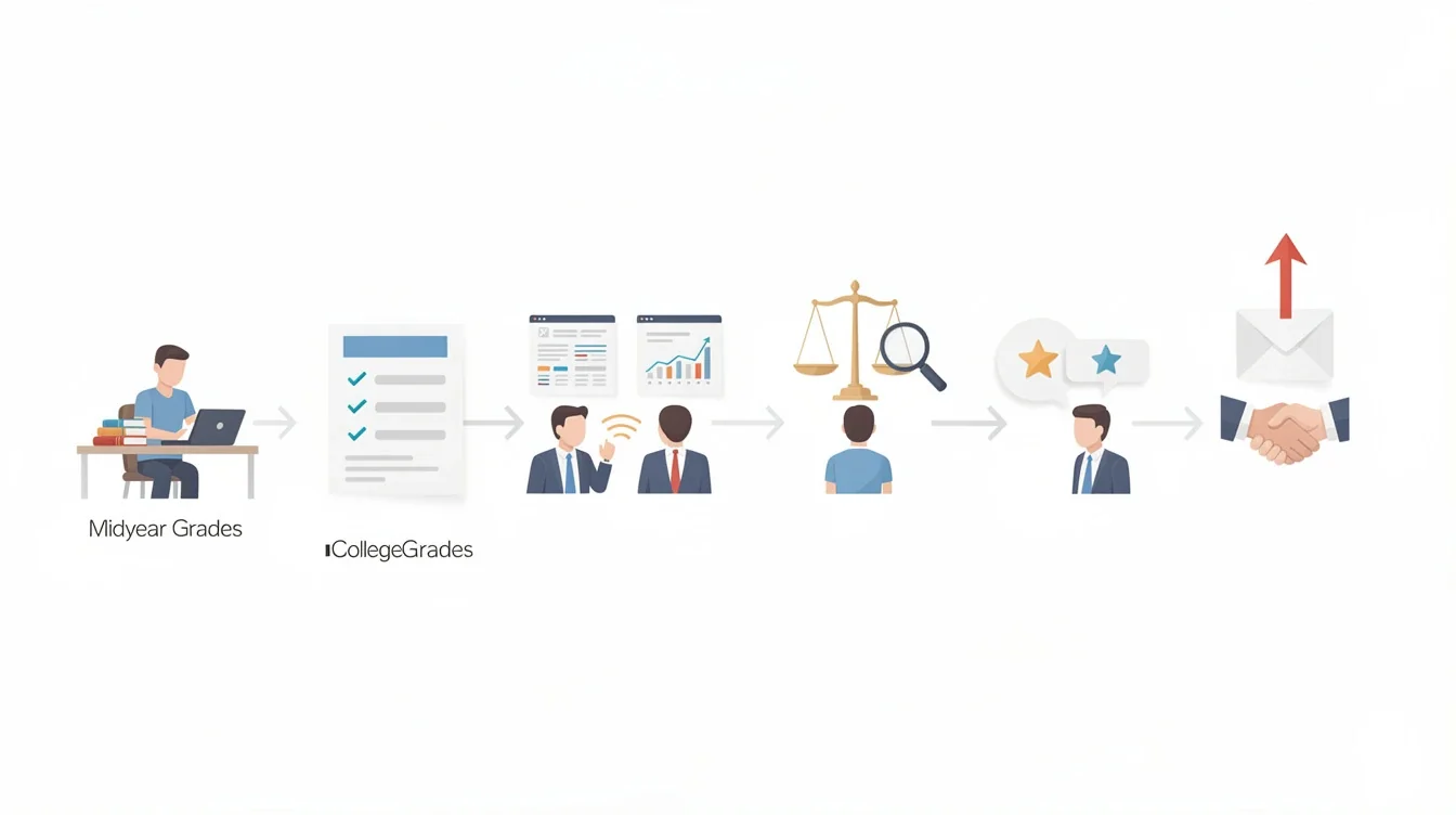 A step-by-step visual process guide demonstrating how impact of midyear grades on recruiting works