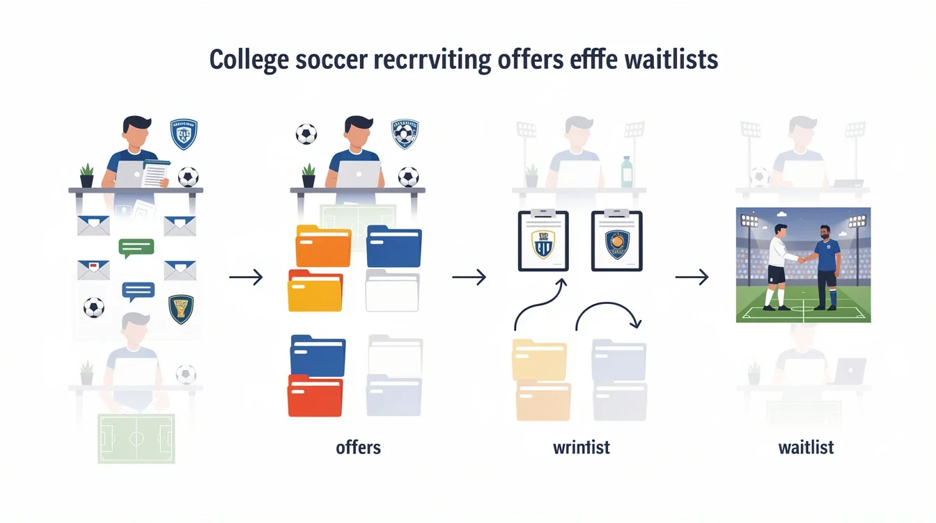 A step-by-step visual process guide demonstrating how managing college soccer recruiting offers and waitlists works