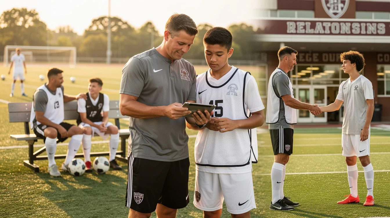 An illustrated diagram showing the key benefits of benefits of long-term coach relationships in college soccer recruiting strategies