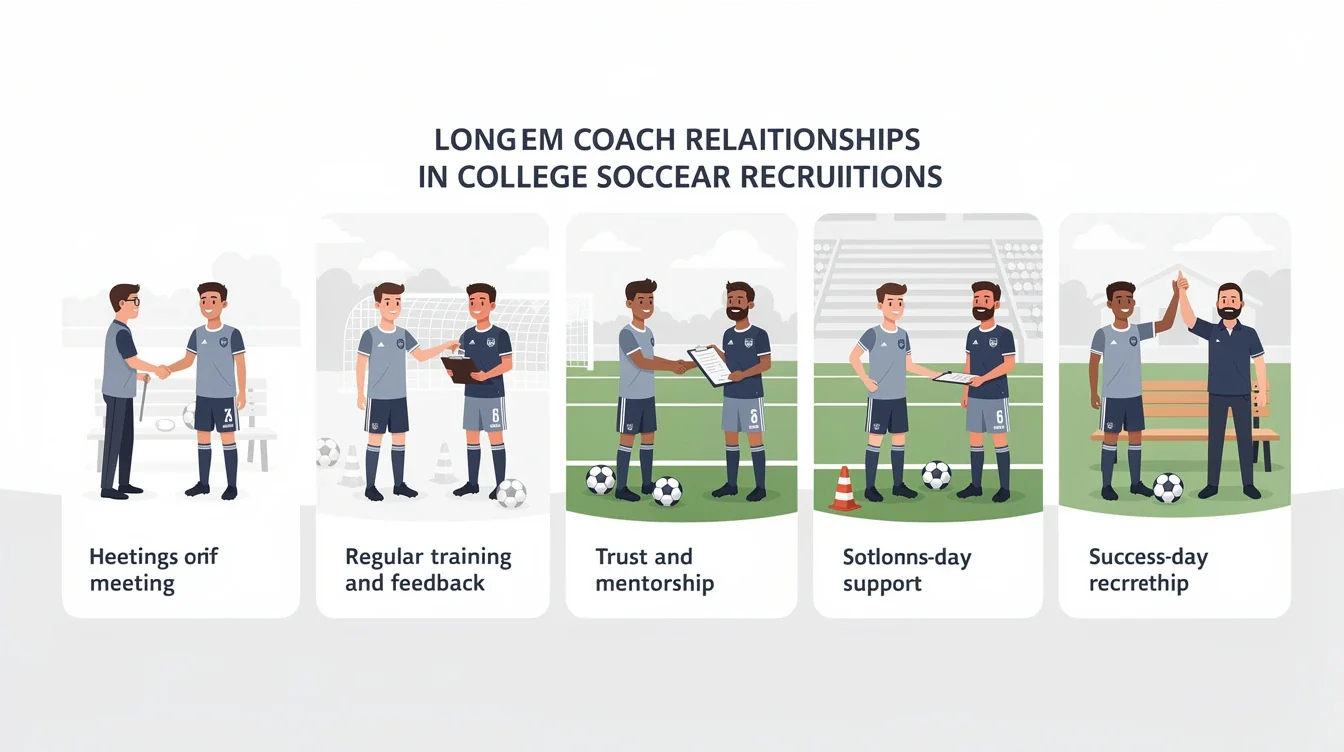 A step-by-step visual process guide demonstrating how benefits of long-term coach relationships in college soccer recruiting works