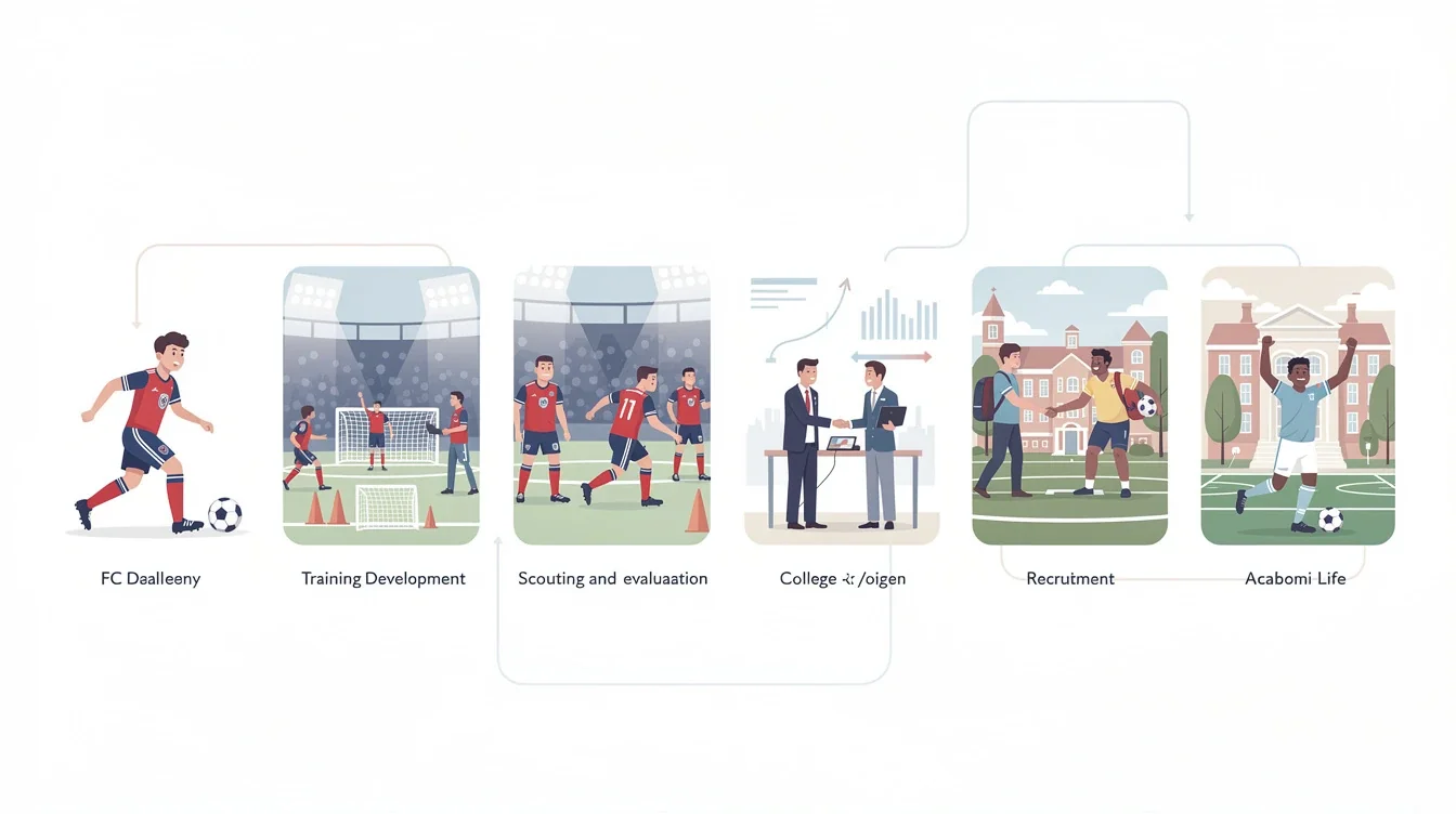 A step-by-step visual process guide demonstrating how case study fc dallas player college placement path works