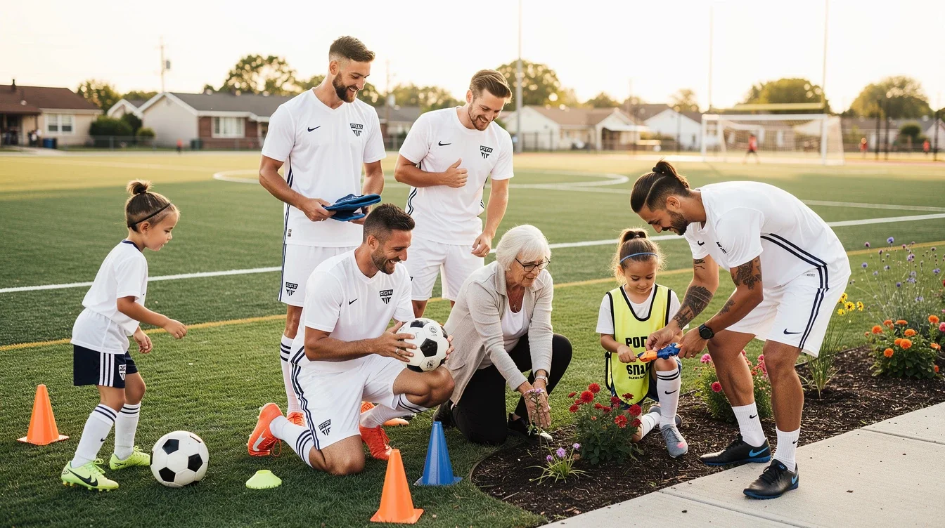 An illustrated diagram showing the key benefits of community involvement benefits for soccer recruits strategies