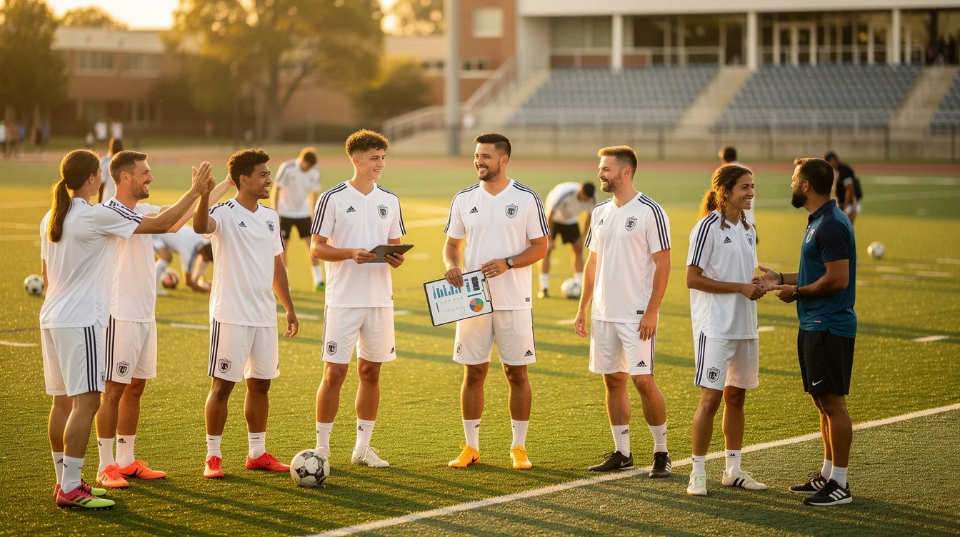 An illustrated diagram showing the key benefits of evaluating college soccer team culture strategies