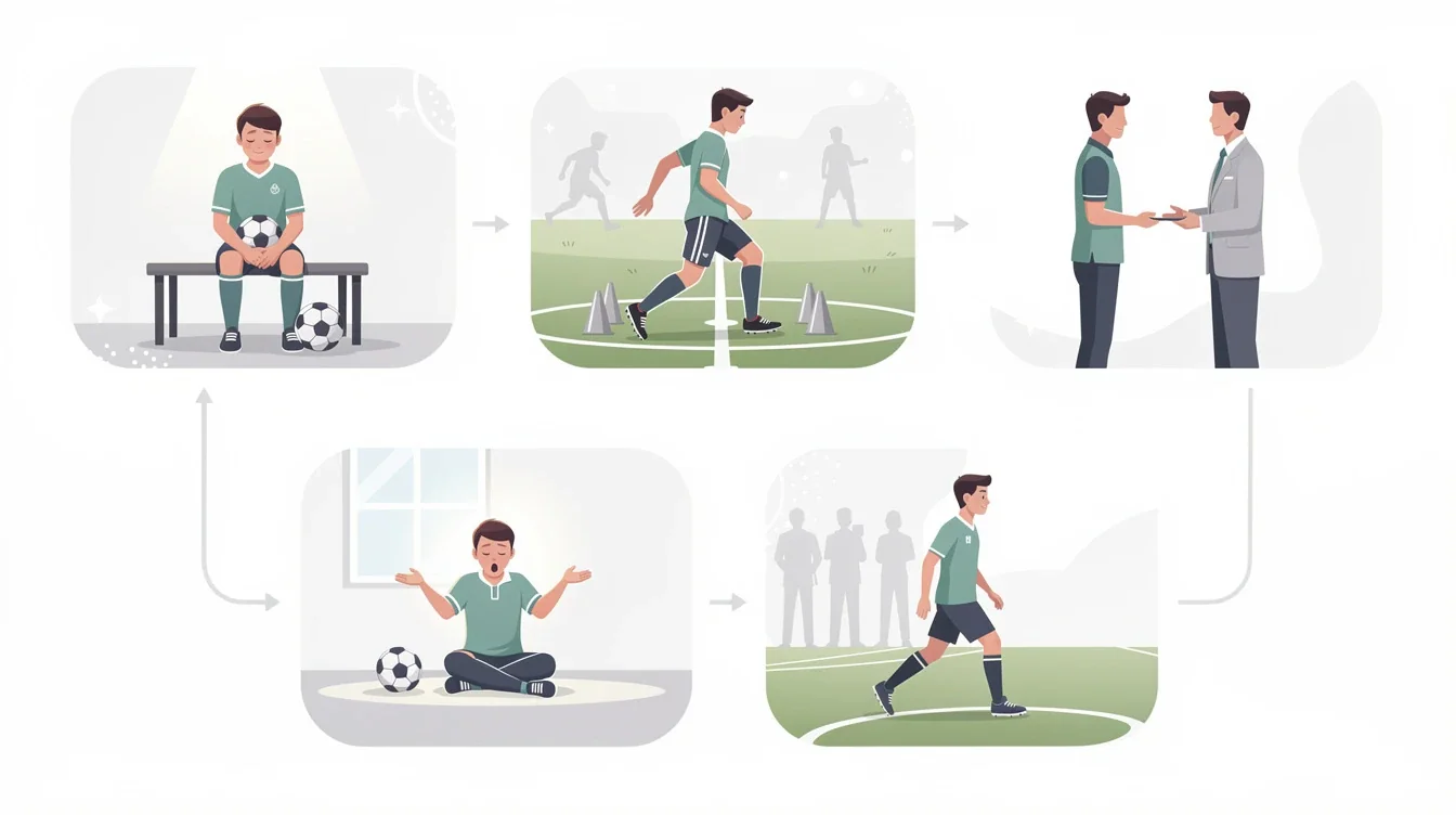 A step-by-step visual process guide demonstrating how faith and pressure management in soccer recruiting works