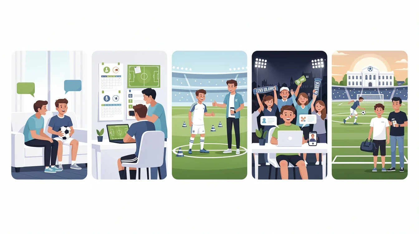 A step-by-step visual process guide demonstrating how parent support strategies for soccer recruiting works