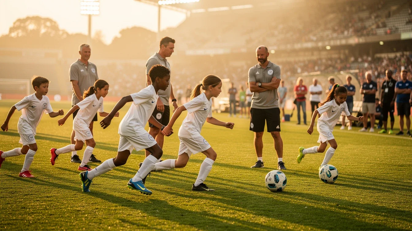 A professional team working on impact of summer soccer camps recruiting solutions in a modern office environment