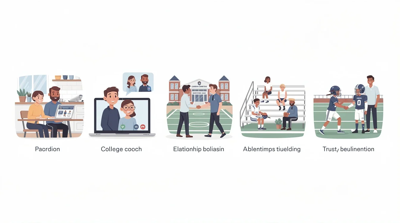 A step-by-step visual process guide demonstrating how parent questions to build trust with college coaches works