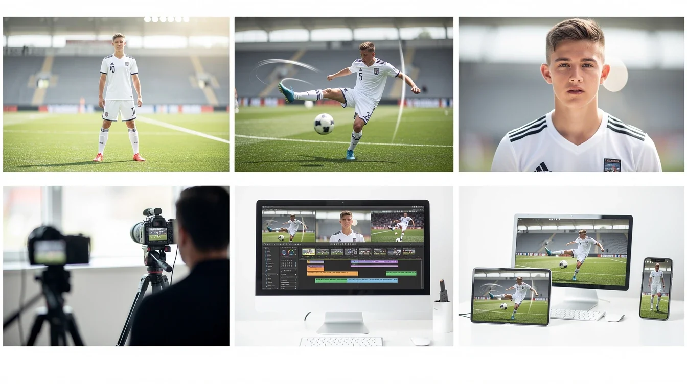 A step-by-step visual process guide demonstrating how creating character centered soccer recruiting videos works