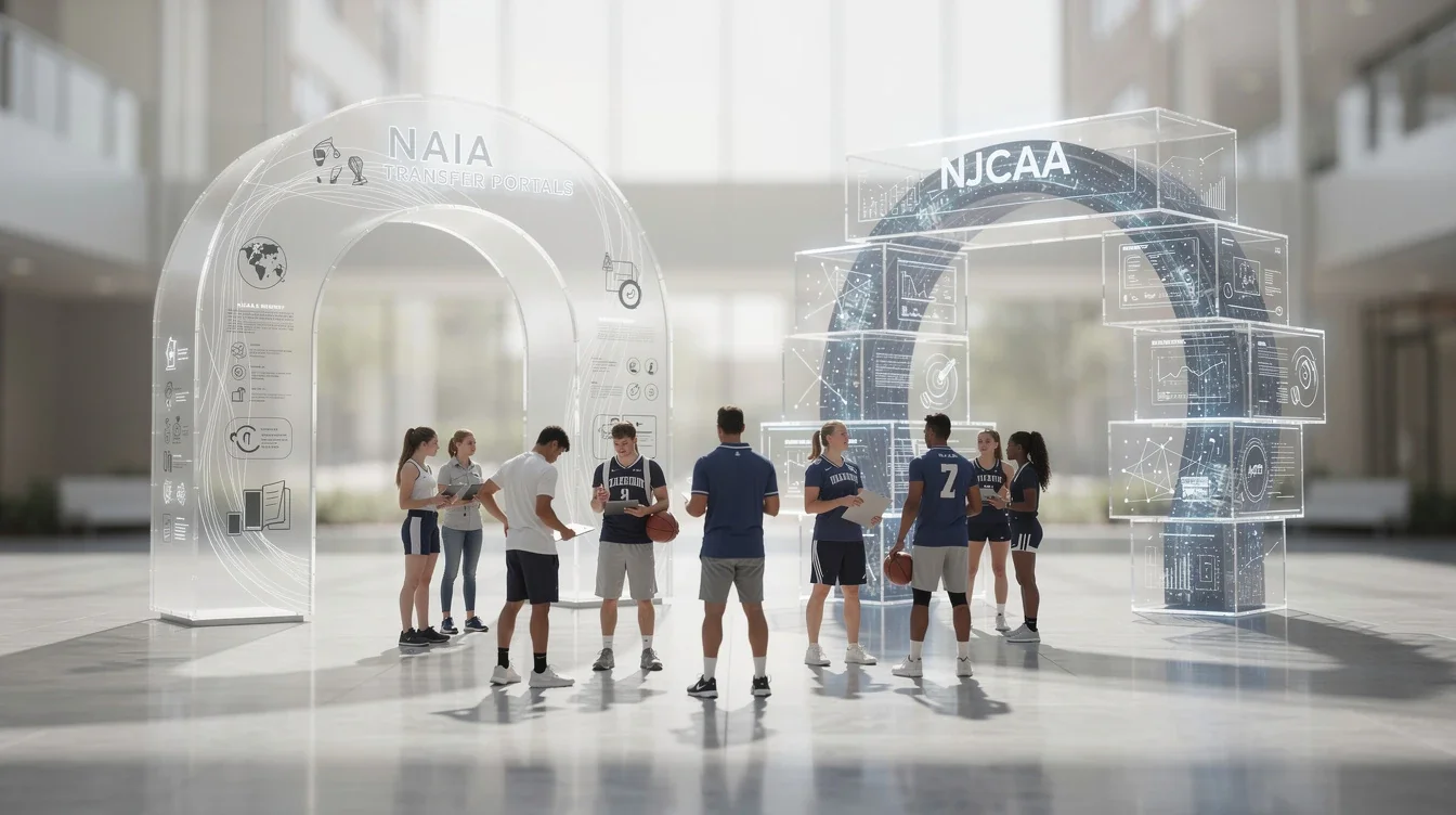 An illustrated diagram showing the key benefits of naia vs njcaa transfer portal differences strategies